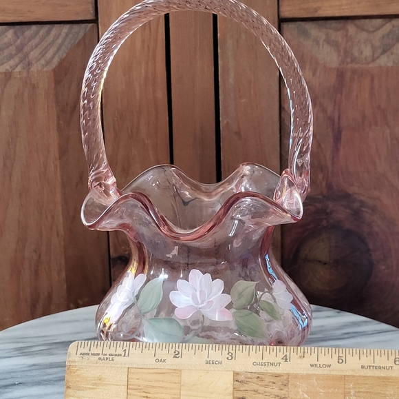 Fenton Painted Pink Glass Basket - Picture 5 of 14
